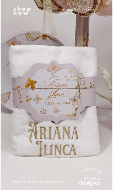Trusou botez personalizat si brodat cu fluturi roz albi sau gold 1